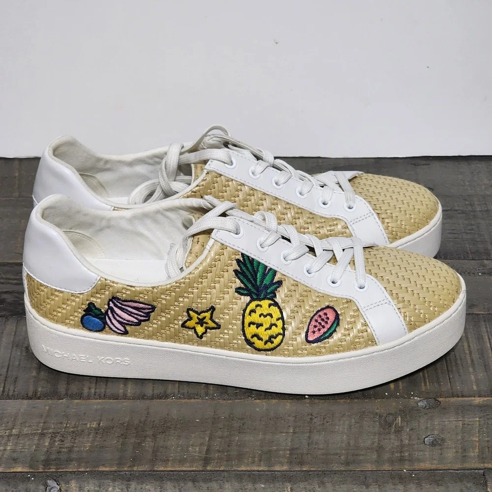 Michael Kors Straw‎ Woven Lace Up Fruit Patch Shoes Womens 9.5 Poppy Platform